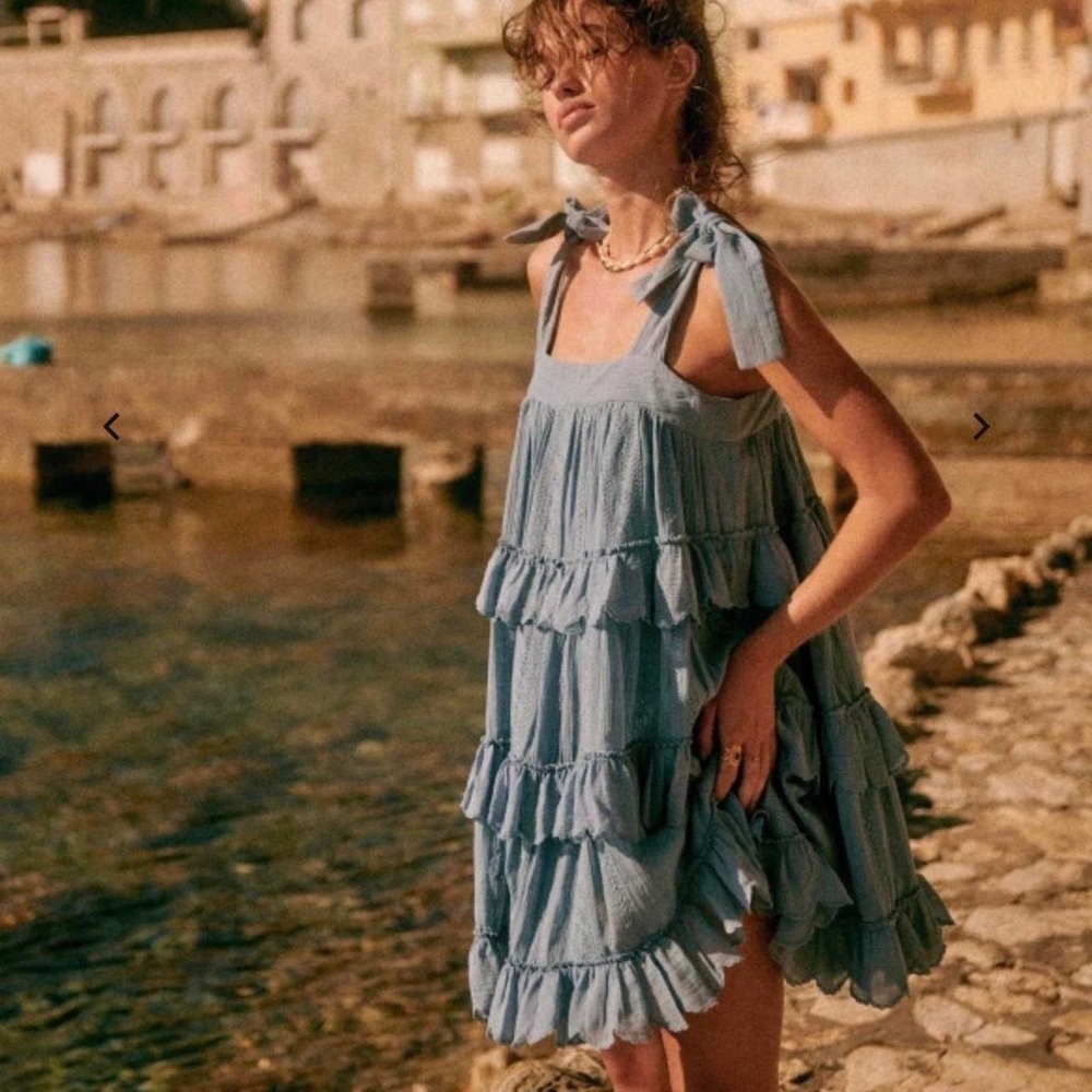 Sezane Oriane Blue Tiered Sleeveless Dress